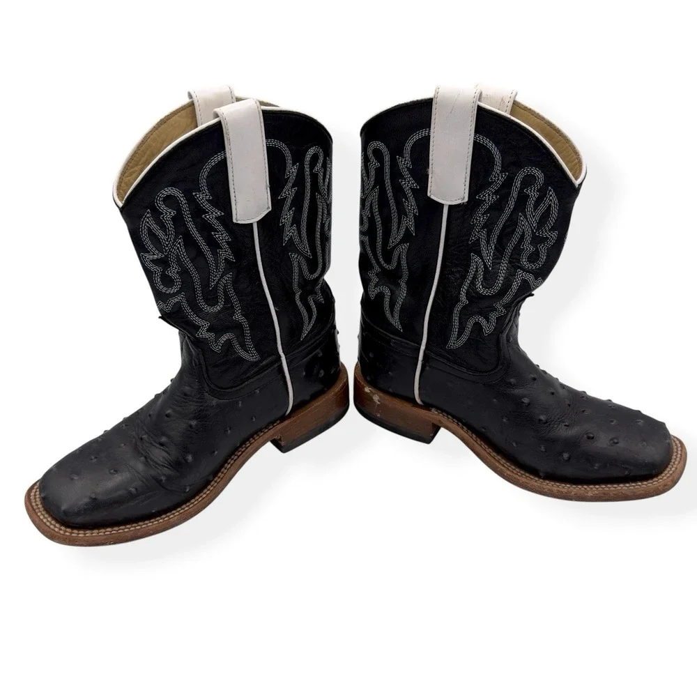Anderson Bean Kids Leather Cowboy Boots Impostrich Size 2 Black Square Toe 3015